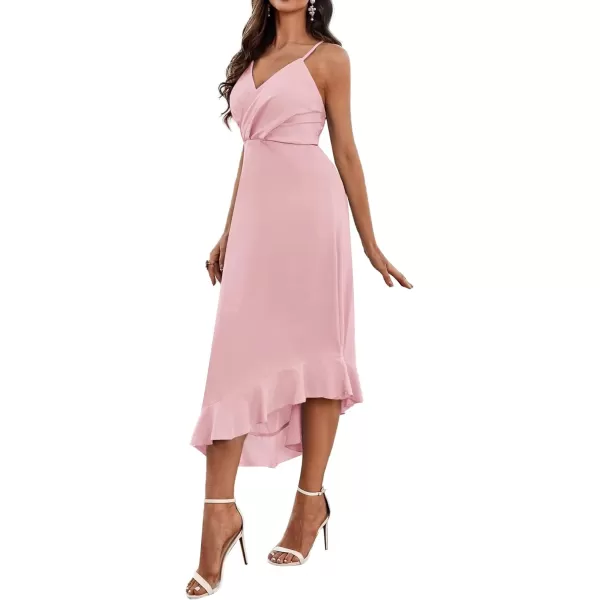 LYANER Women's Wrap V Neck Spaghetti Strap Sleeveless Ruffle Hem Midi Party Dress