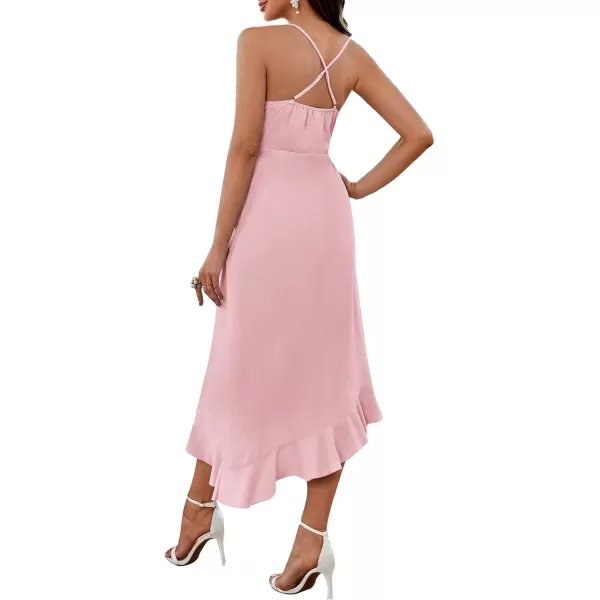 LYANER Women's Wrap V Neck Spaghetti Strap Sleeveless Ruffle Hem Midi Party Dress