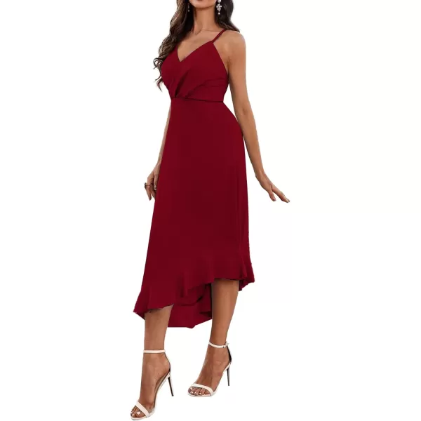 LYANER Women's Wrap V Neck Spaghetti Strap Sleeveless Ruffle Hem Midi Party Dress
