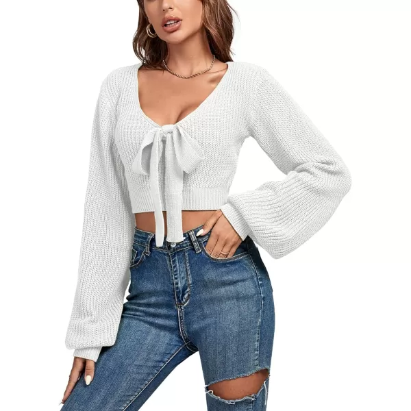 Women's Knit Deep V Neck Tie Knot Cropped Sweater Lantern Bishop Long Sleeve Sexy Blouse Top