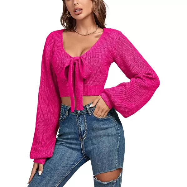 Women's Knit Deep V Neck Tie Knot Cropped Sweater Lantern Bishop Long Sleeve Sexy Blouse Top