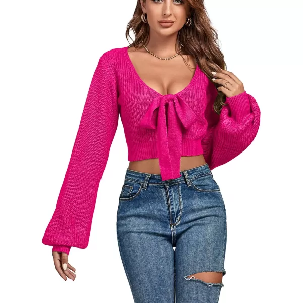 Women's Knit Deep V Neck Tie Knot Cropped Sweater Lantern Bishop Long Sleeve Sexy Blouse Top