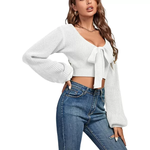 Women's Knit Deep V Neck Tie Knot Cropped Sweater Lantern Bishop Long Sleeve Sexy Blouse Top