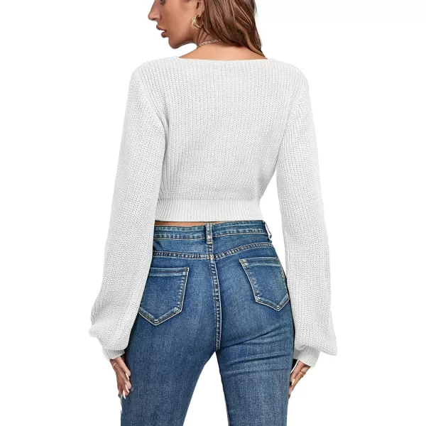 Women's Knit Deep V Neck Tie Knot Cropped Sweater Lantern Bishop Long Sleeve Sexy Blouse Top