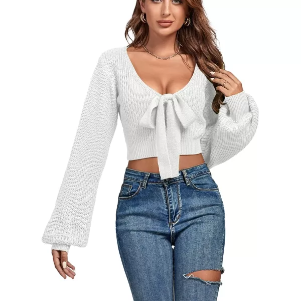 Women's Knit Deep V Neck Tie Knot Cropped Sweater Lantern Bishop Long Sleeve Sexy Blouse Top