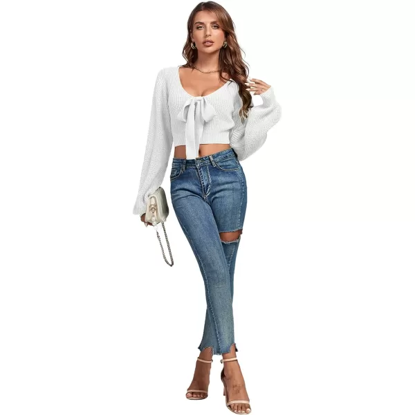Women's Knit Deep V Neck Tie Knot Cropped Sweater Lantern Bishop Long Sleeve Sexy Blouse Top