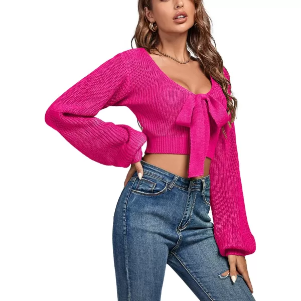 Women's Knit Deep V Neck Tie Knot Cropped Sweater Lantern Bishop Long Sleeve Sexy Blouse Top