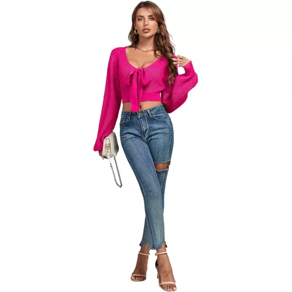 Women's Knit Deep V Neck Tie Knot Cropped Sweater Lantern Bishop Long Sleeve Sexy Blouse Top