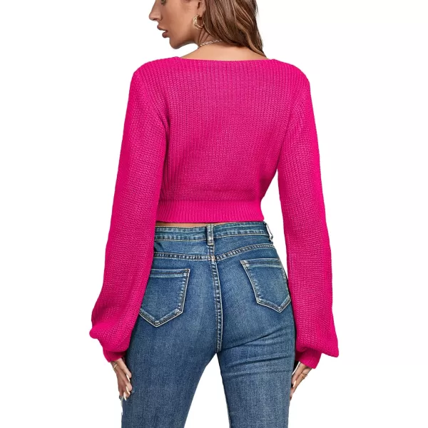 Women's Knit Deep V Neck Tie Knot Cropped Sweater Lantern Bishop Long Sleeve Sexy Blouse Top