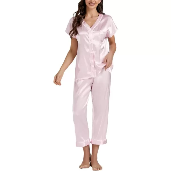 LYANER Satin Pajama Set for Women Short Sleeve V Neck Silky Shirt with Capri Pants Button Down PJs Soft Loungewear