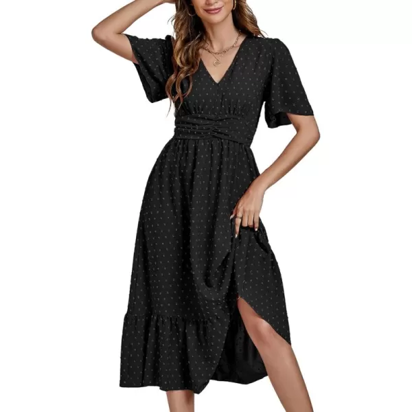 LYANER Women Boho Maxi Dress Long Sleeve V Neck Swiss Dot High Waited A-Line Ruffle Tiered Chiffon Long Dresses