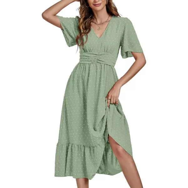 LYANER Women Boho Maxi Dress Long Sleeve V Neck Swiss Dot High Waited A-Line Ruffle Tiered Chiffon Long Dresses
