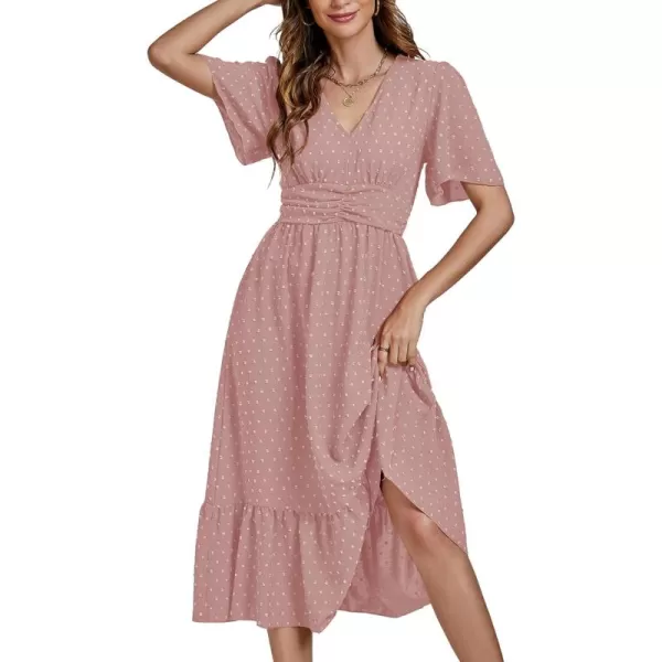 LYANER Women Boho Maxi Dress Long Sleeve V Neck Swiss Dot High Waited A-Line Ruffle Tiered Chiffon Long Dresses