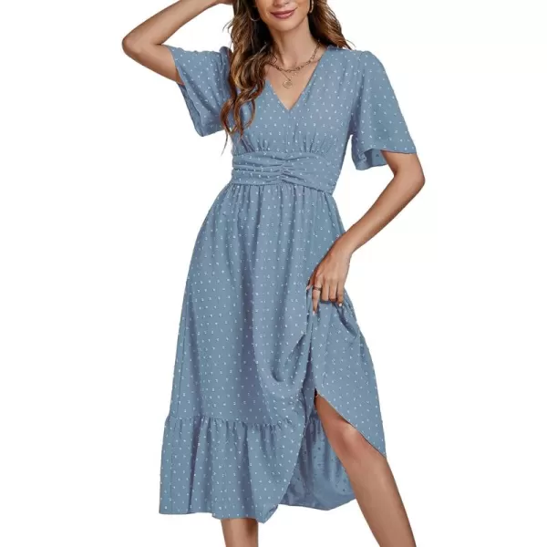 LYANER Women Boho Maxi Dress Long Sleeve V Neck Swiss Dot High Waited A-Line Ruffle Tiered Chiffon Long Dresses