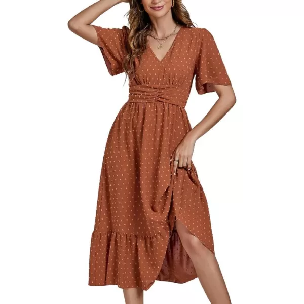 LYANER Women Boho Maxi Dress Long Sleeve V Neck Swiss Dot High Waited A-Line Ruffle Tiered Chiffon Long Dresses