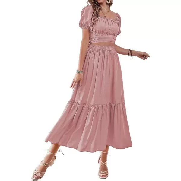 LYANER Women's 2 Pcs Outfits Wrap Tie Short Sleeve Crop Top Ruffle Maxi Skirt Set