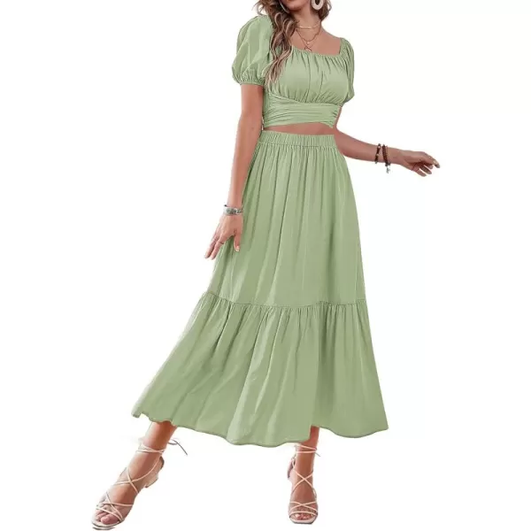 LYANER Women's 2 Pcs Outfits Wrap Tie Short Sleeve Crop Top Ruffle Maxi Skirt Set