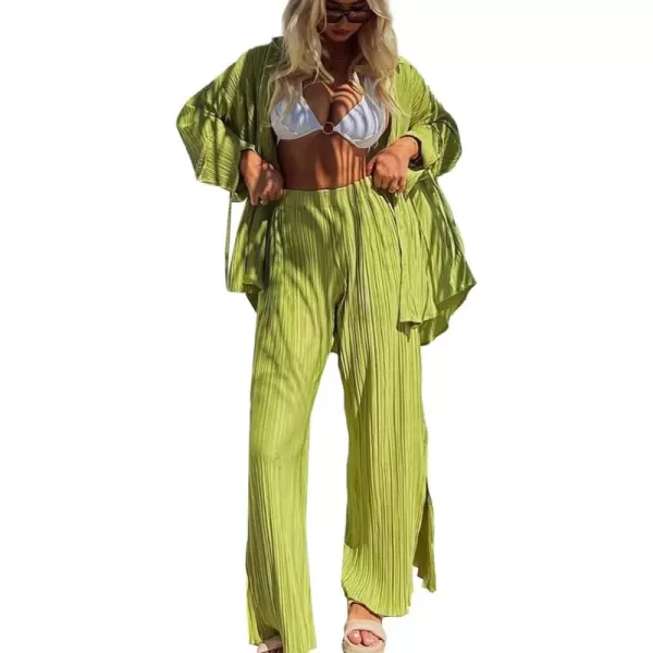 LYANER Women's 2 Piece Casual Outfits Button Down Long Sleeve Shirt and Wide Leg Slit Side Long Pants Set