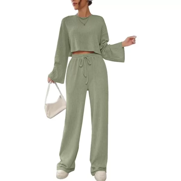 LYANER Women's 2 Piece Casual Outfits Long Bishop Sleeve Crop Top and Wide Leg Long Pants Knit Tracksuit Sets