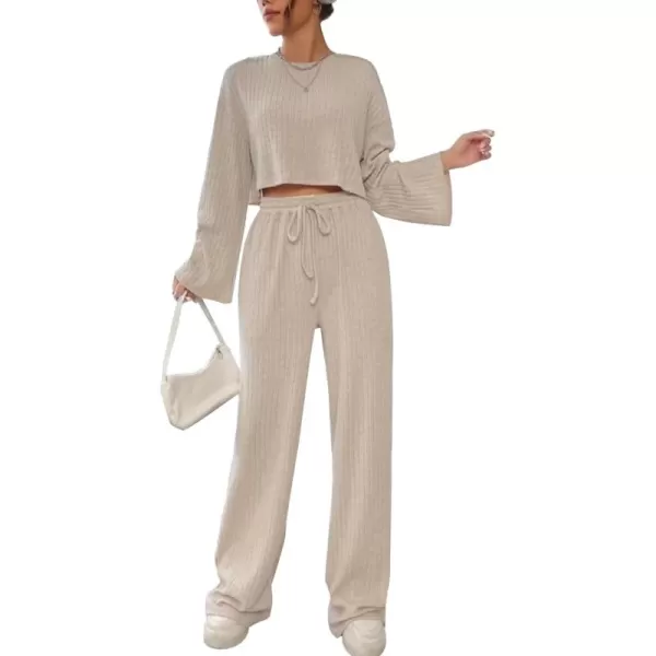 LYANER Women's 2 Piece Casual Outfits Long Bishop Sleeve Crop Top and Wide Leg Long Pants Knit Tracksuit Sets