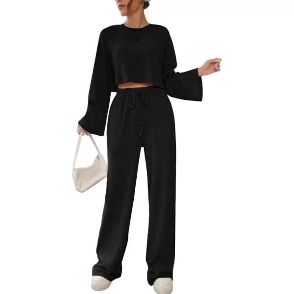 LYANER Women's 2 Piece Casual Outfits Long Bishop Sleeve Crop Top and Wide Leg Long Pants Knit Tracksuit Sets