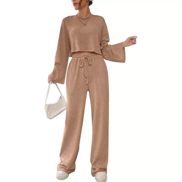 LYANER Women's 2 Piece Casual Outfits Long Bishop Sleeve Crop Top and Wide Leg Long Pants Knit Tracksuit Sets