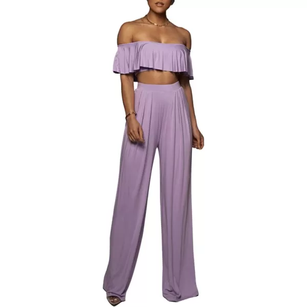 LYANER Women's 2 Piece Outfit Off the Shoulder Ruffle Short Sleeve Tube Crop Top and Wide Leg Pants Set