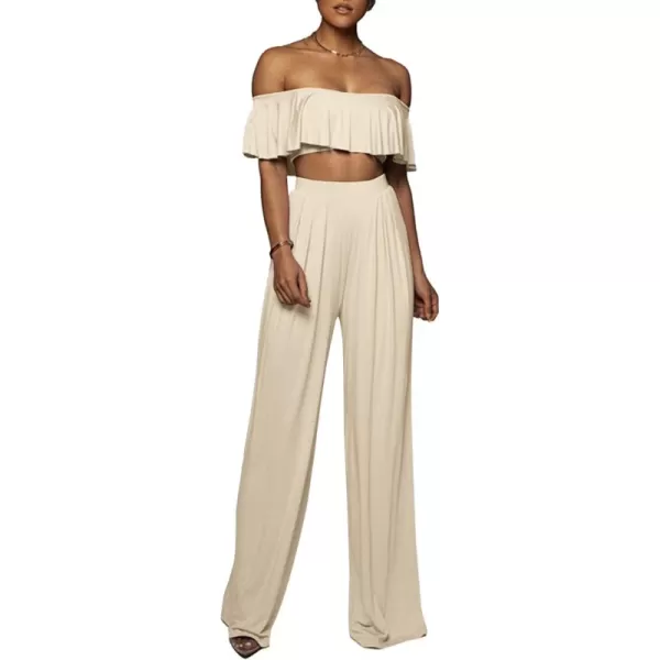 LYANER Women's 2 Piece Outfit Off the Shoulder Ruffle Short Sleeve Tube Crop Top and Wide Leg Pants Set
