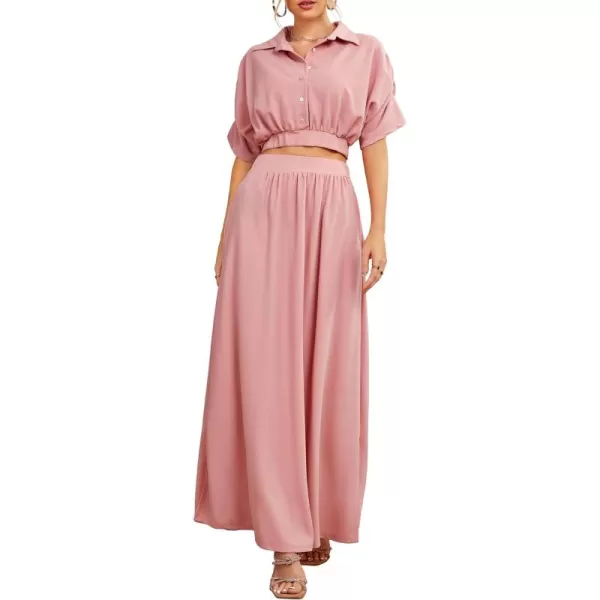 LYANER Women's 2 Piece Outfits Button Down Bat Sleeve Shirts Top and High Waist Split Maxi Long Skirt Set