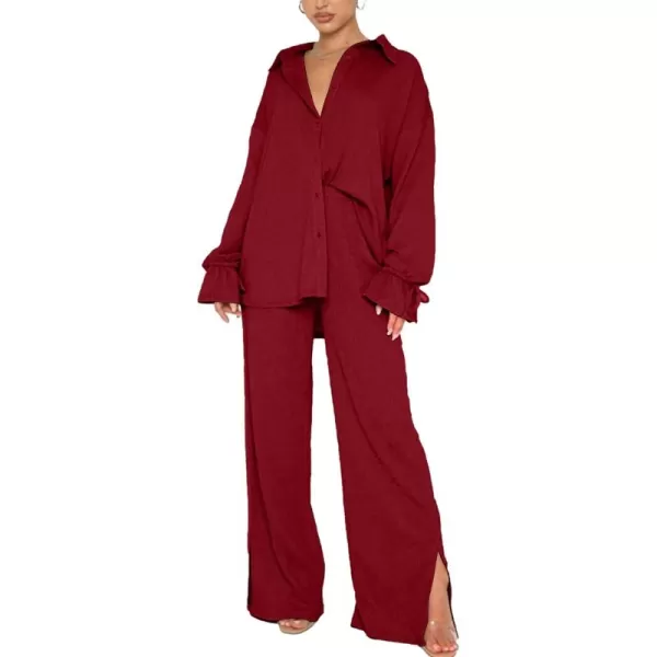 LYANER Women's 2 Piece Outfits Button Down Long Sleeve Shirt and Wide Leg Pants Set