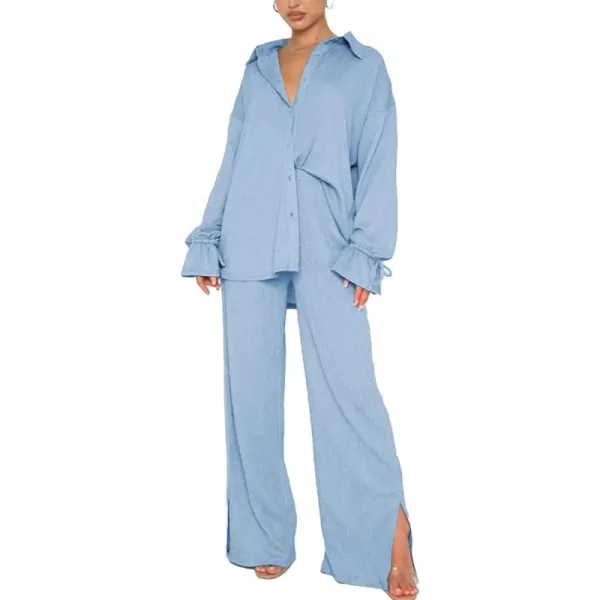 LYANER Women's 2 Piece Outfits Button Down Long Sleeve Shirt and Wide Leg Pants Set