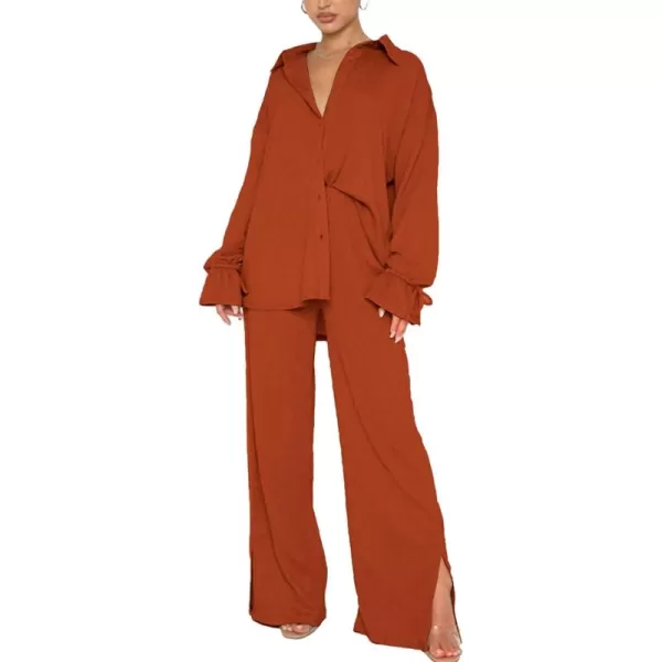 LYANER Women's 2 Piece Outfits Button Down Long Sleeve Shirt and Wide Leg Pants Set