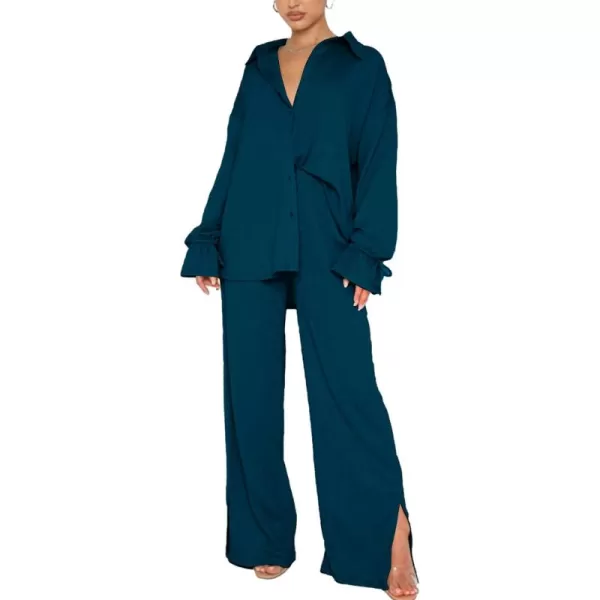 LYANER Women's 2 Piece Outfits Button Down Long Sleeve Shirt and Wide Leg Pants Set