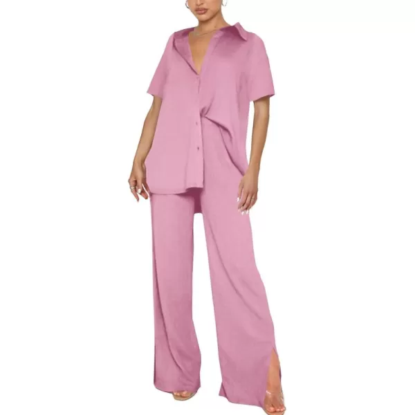 LYANER Women's 2 Piece Outfits Button Down Short Sleeve Shirt and Wide Leg Pants Set