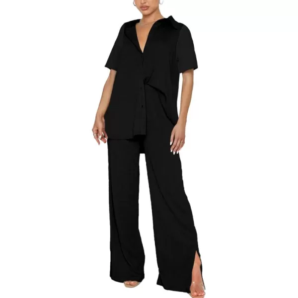 LYANER Women's 2 Piece Outfits Button Down Short Sleeve Shirt and Wide Leg Pants Set