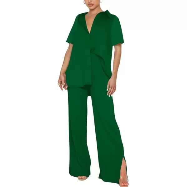 LYANER Women's 2 Piece Outfits Button Down Short Sleeve Shirt and Wide Leg Pants Set