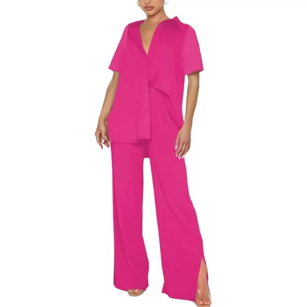 LYANER Women's 2 Piece Outfits Button Down Short Sleeve Shirt and Wide Leg Pants Set