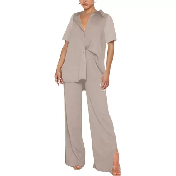 LYANER Women's 2 Piece Outfits Button Down Short Sleeve Shirt and Wide Leg Pants Set