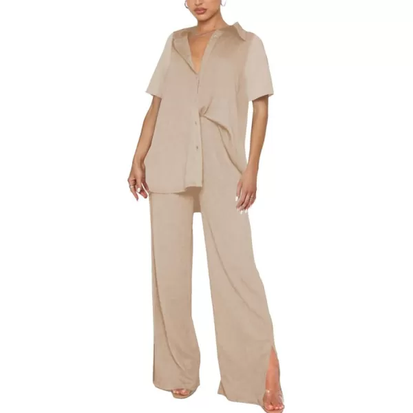 LYANER Women's 2 Piece Outfits Button Down Short Sleeve Shirt and Wide Leg Pants Set