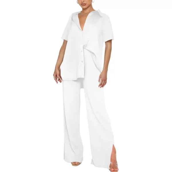 LYANER Women's 2 Piece Outfits Button Down Short Sleeve Shirt and Wide Leg Pants Set