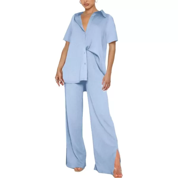 LYANER Women's 2 Piece Outfits Button Down Short Sleeve Shirt and Wide Leg Pants Set