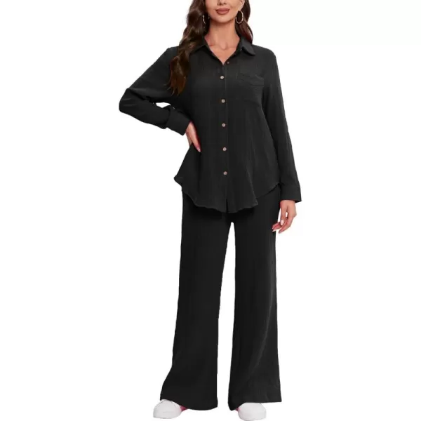 LYANER Women's 2 Piece Outfits Casual Long Sleeve Button Down Shirt and High Waist Wide Leg Pants Set