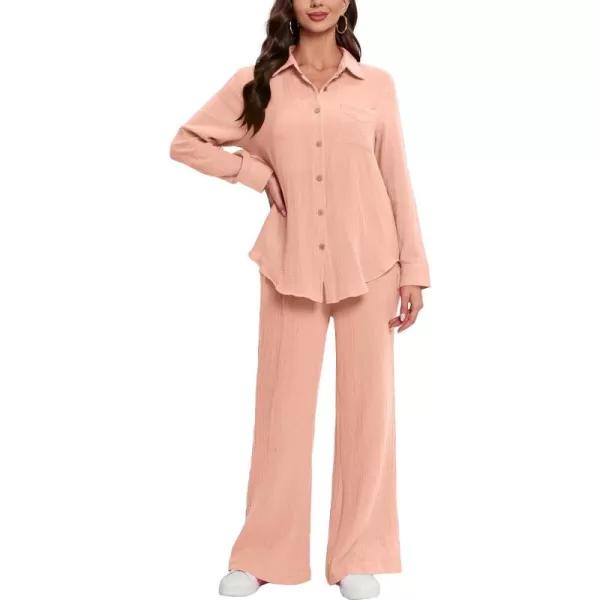 LYANER Women's 2 Piece Outfits Casual Long Sleeve Button Down Shirt and High Waist Wide Leg Pants Set