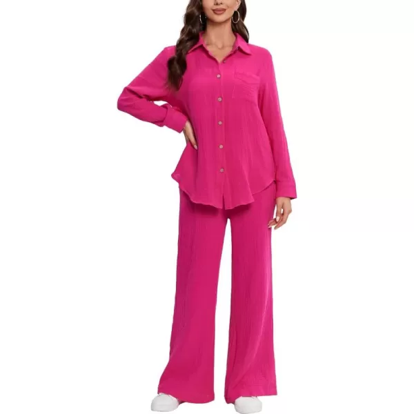 LYANER Women's 2 Piece Outfits Casual Long Sleeve Button Down Shirt and High Waist Wide Leg Pants Set