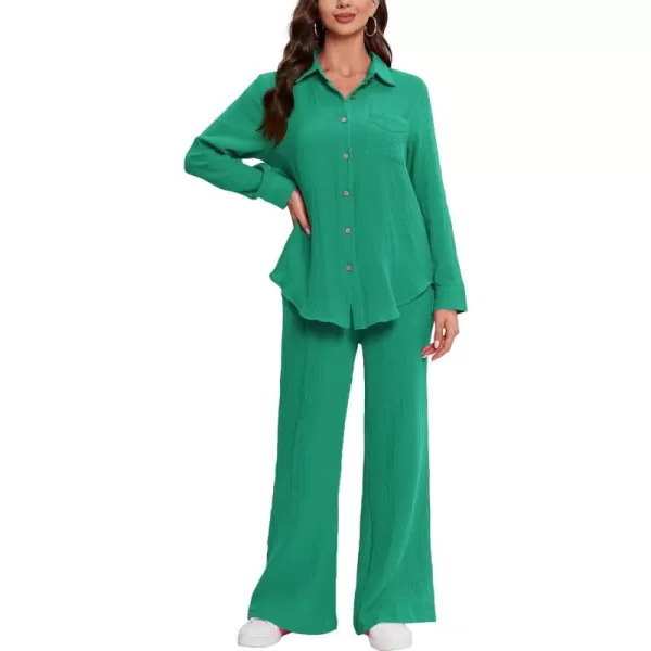 LYANER Women's 2 Piece Outfits Casual Long Sleeve Button Down Shirt and High Waist Wide Leg Pants Set