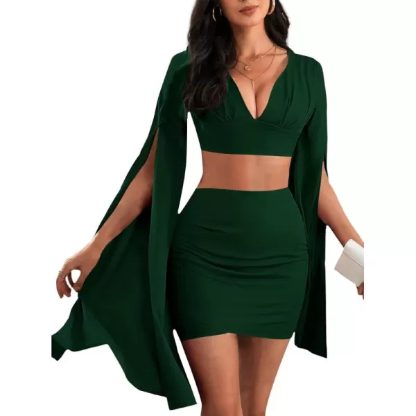 LYANER Women's 2 Piece Outfits Cloak Long Sleeve Crop Top and Ruched Mini Skirt Set
