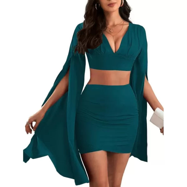 LYANER Women's 2 Piece Outfits Cloak Long Sleeve Crop Top and Ruched Mini Skirt Set