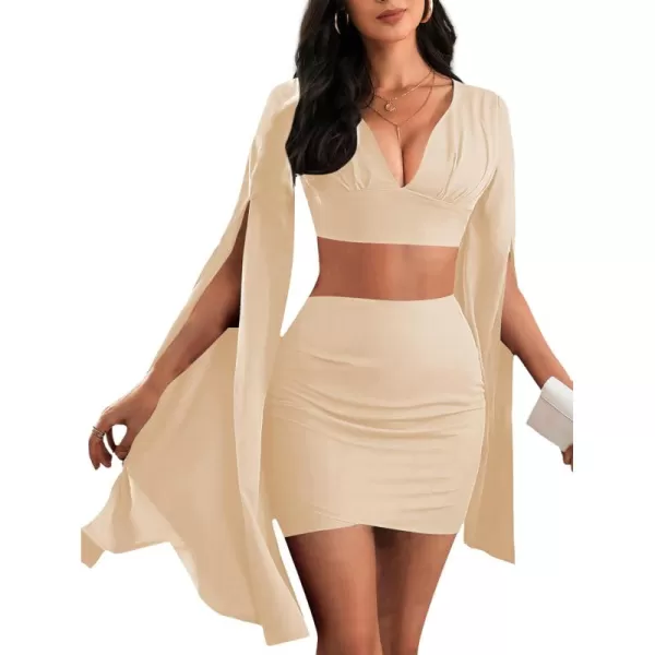 LYANER Women's 2 Piece Outfits Cloak Long Sleeve Crop Top and Ruched Mini Skirt Set