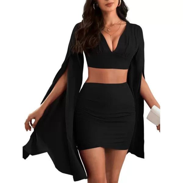 LYANER Women's 2 Piece Outfits Cloak Long Sleeve Crop Top and Ruched Mini Skirt Set