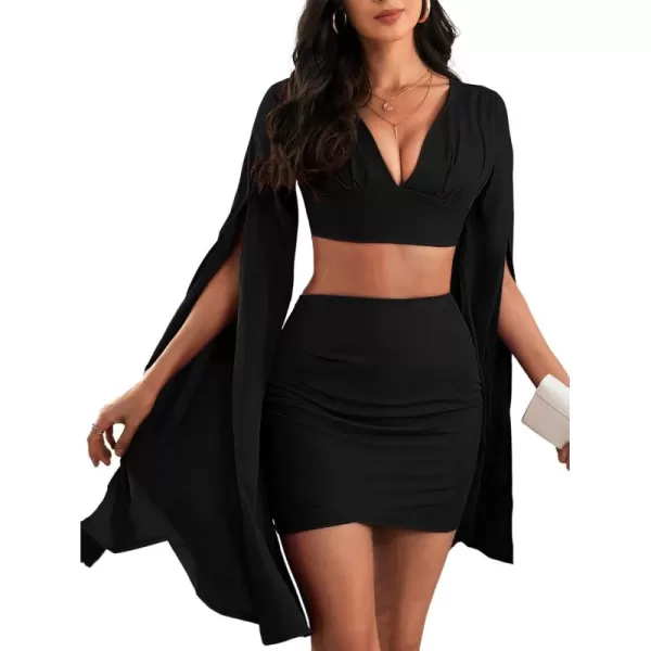 LYANER Women's 2 Piece Outfits Cloak Long Sleeve Crop Top and Ruched Mini Skirt Set